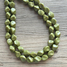 Load image into Gallery viewer, Olive Green Chunky Statement Necklace, Big beaded jewelry, Double Strand Statement Necklace, Bib necklace, green bridesmaid fall wedding