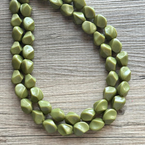 Olive Green Chunky Statement Necklace, Big beaded jewelry, Double Strand Statement Necklace, Bib necklace, green bridesmaid fall wedding