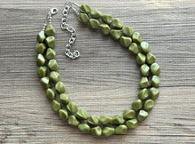 Load image into Gallery viewer, Olive Green Chunky Statement Necklace, Big beaded jewelry, Double Strand Statement Necklace, Bib necklace, green bridesmaid fall wedding