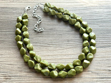 Load image into Gallery viewer, Olive Green Chunky Statement Necklace, Big beaded jewelry, Double Strand Statement Necklace, Bib necklace, green bridesmaid fall wedding