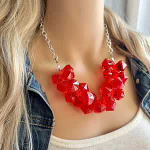 Red Cluster Necklace, extra chunky red beaded necklace, holiday jewelry Christmas jewelry, holiday crystal resin necklace bib statement