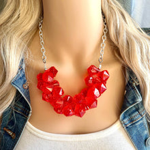 Load image into Gallery viewer, Red Cluster Necklace, extra chunky red beaded necklace, holiday jewelry Christmas jewelry, holiday crystal resin necklace bib statement