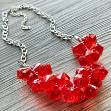 Load image into Gallery viewer, Red Cluster Necklace, extra chunky red beaded necklace, holiday jewelry Christmas jewelry, holiday crystal resin necklace bib statement