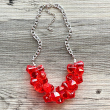 Load image into Gallery viewer, Red Cluster Necklace, extra chunky red beaded necklace, holiday jewelry Christmas jewelry, holiday crystal resin necklace bib statement