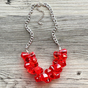 Red Cluster Necklace, extra chunky red beaded necklace, holiday jewelry Christmas jewelry, holiday crystal resin necklace bib statement