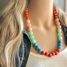 Load image into Gallery viewer, San Diego Chunky Statement Necklace, single strand bib beaded jewelry, aqua blue color block necklace, light green orange light blue jewelry