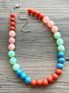 San Diego Chunky Statement Necklace, single strand bib beaded jewelry, aqua blue color block necklace, light green orange light blue jewelry