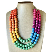 Load image into Gallery viewer, Rainbow Wood Bubble Statement, wooden jewelry, silver chain thick bib chunky necklace, 3 strand red orange yellow green blue purple pink