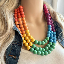 Load image into Gallery viewer, Rainbow Wood Bubble Statement, wooden jewelry, silver chain thick bib chunky necklace, 3 strand red orange yellow green blue purple pink