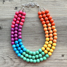 Load image into Gallery viewer, Rainbow Wood Bubble Statement, wooden jewelry, silver chain thick bib chunky necklace, 3 strand red orange yellow green blue purple pink