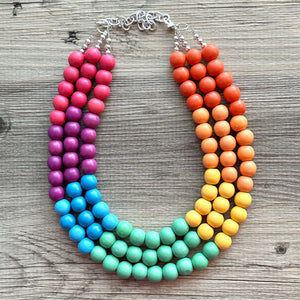 Rainbow Wood Bubble Statement, wooden jewelry, silver chain thick bib chunky necklace, 3 strand red orange yellow green blue purple pink