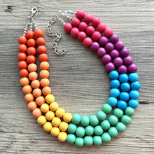 Load image into Gallery viewer, Rainbow Wood Bubble Statement, wooden jewelry, silver chain thick bib chunky necklace, 3 strand red orange yellow green blue purple pink