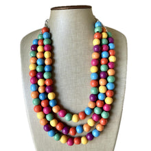 Load image into Gallery viewer, Rainbow Wood Bubble Statement, wooden jewelry, silver chain thick bib chunky necklace, 3 strand red orange yellow green blue purple pink