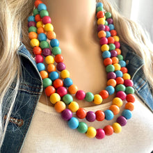 Load image into Gallery viewer, Rainbow Wood Bubble Statement, wooden jewelry, silver chain thick bib chunky necklace, 3 strand red orange yellow green blue purple pink