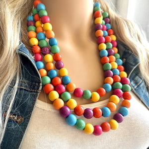 Rainbow Wood Bubble Statement, wooden jewelry, silver chain thick bib chunky necklace, 3 strand red orange yellow green blue purple pink