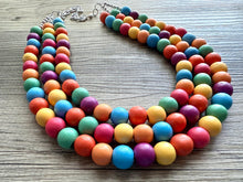 Load image into Gallery viewer, Rainbow Wood Bubble Statement, wooden jewelry, silver chain thick bib chunky necklace, 3 strand red orange yellow green blue purple pink