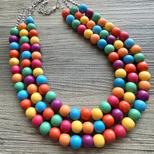 Load image into Gallery viewer, Rainbow Wood Bubble Statement, wooden jewelry, silver chain thick bib chunky necklace, 3 strand red orange yellow green blue purple pink