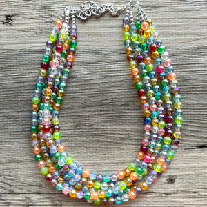 Inside the Bubble Rainbow Necklace, bib statement necklace, beaded geometric shower necklace, 5 strand orange blue green colorful