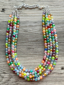 Inside the Bubble Rainbow Necklace, bib statement necklace, beaded geometric shower necklace, 5 strand orange blue green colorful