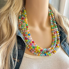 Load image into Gallery viewer, Inside the Bubble Rainbow Necklace, bib statement necklace, beaded geometric shower necklace, 5 strand orange blue green colorful