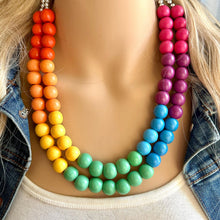 Load image into Gallery viewer, Rainbow Wood Bubble Statement, wooden jewelry, silver chain thick bib chunky necklace, 2 strand red orange yellow green blue purple pink