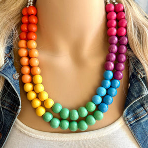 Rainbow Wood Bubble Statement, wooden jewelry, silver chain thick bib chunky necklace, 2 strand red orange yellow green blue purple pink