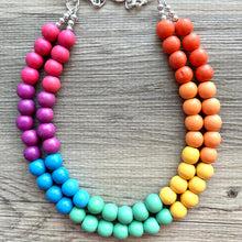 Load image into Gallery viewer, Rainbow Wood Bubble Statement, wooden jewelry, silver chain thick bib chunky necklace, 2 strand red orange yellow green blue purple pink