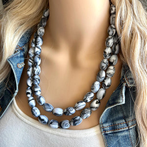 Black & White Swirl Big Bead Necklace, Statement Jewelry, white black silver Chunky bib, bridesmaids necklace, wedding 2 strand bridal