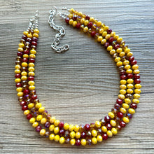 Load image into Gallery viewer, Crisp Harvest Statement Necklace, fall colors Mustard red Necklace, 3 Strand Statement necklace, vintage silver chunky orange maroon glass