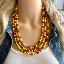 Load image into Gallery viewer, Crisp Harvest Statement Necklace, fall colors Mustard red Necklace, 3 Strand Statement necklace, vintage silver chunky orange maroon glass