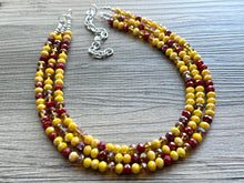 Load image into Gallery viewer, Crisp Harvest Statement Necklace, fall colors Mustard red Necklace, 3 Strand Statement necklace, vintage silver chunky orange maroon glass