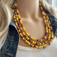 Load image into Gallery viewer, Crisp Harvest Statement Necklace, fall colors Mustard red Necklace, 3 Strand Statement necklace, vintage silver chunky orange maroon glass