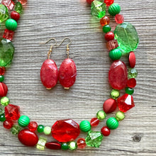 Load image into Gallery viewer, Holiday Party Christmas Necklace, Red Green gold Jewelry, Christmas Jewelry, Winter Beaded Gift Present December secret Santa stocking