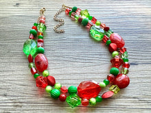 Load image into Gallery viewer, Holiday Party Christmas Necklace, Red Green gold Jewelry, Christmas Jewelry, Winter Beaded Gift Present December secret Santa stocking