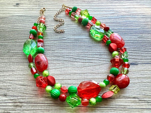 Holiday Party Christmas Necklace, Red Green gold Jewelry, Christmas Jewelry, Winter Beaded Gift Present December secret Santa stocking