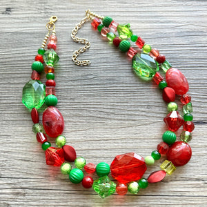 Holiday Party Christmas Necklace, Red Green gold Jewelry, Christmas Jewelry, Winter Beaded Gift Present December secret Santa stocking