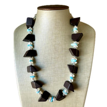 Load image into Gallery viewer, Vintage Wood &amp; Turquoise Beaded long necklace, tan shiny beaded statement necklace, everyday resin layering single strand brown white