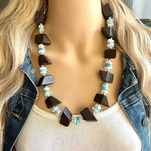 Load image into Gallery viewer, Vintage Wood &amp; Turquoise Beaded long necklace, tan shiny beaded statement necklace, everyday resin layering single strand brown white