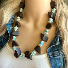 Load image into Gallery viewer, Vintage Wood &amp; Turquoise Beaded long necklace, tan shiny beaded statement necklace, everyday resin layering single strand brown white