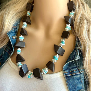 Vintage Wood & Turquoise Beaded long necklace, tan shiny beaded statement necklace, everyday resin layering single strand brown white