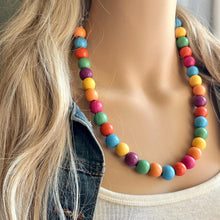 Load image into Gallery viewer, Rainbow Wood Confetti Statement, wooden jewelry, silver chain thick bib chunky necklace, 1 strand red orange yellow green blue purple pink