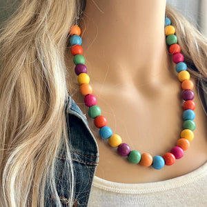 Rainbow Wood Confetti Statement, wooden jewelry, silver chain thick bib chunky necklace, 1 strand red orange yellow green blue purple pink