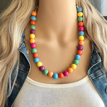 Load image into Gallery viewer, Rainbow Wood Confetti Statement, wooden jewelry, silver chain thick bib chunky necklace, 1 strand red orange yellow green blue purple pink