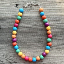 Load image into Gallery viewer, Rainbow Wood Confetti Statement, wooden jewelry, silver chain thick bib chunky necklace, 1 strand red orange yellow green blue purple pink