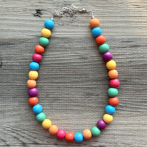 Rainbow Wood Confetti Statement, wooden jewelry, silver chain thick bib chunky necklace, 1 strand red orange yellow green blue purple pink