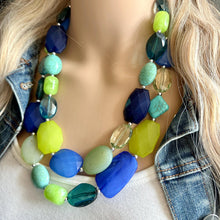 Load image into Gallery viewer, Mountain Spring Necklace, Navy and Lime Green 3 strand Necklace, statement beaded jewelry, green turquoise blue, neutral Oceanside