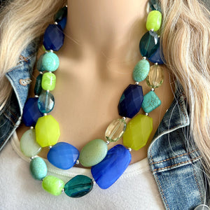 Mountain Spring Necklace, Navy and Lime Green 3 strand Necklace, statement beaded jewelry, green turquoise blue, neutral Oceanside