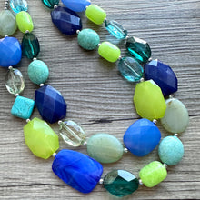 Load image into Gallery viewer, Mountain Spring Necklace, Navy and Lime Green 3 strand Necklace, statement beaded jewelry, green turquoise blue, neutral Oceanside