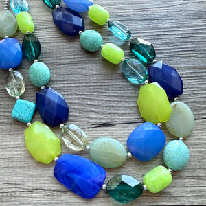 Mountain Spring Necklace, Navy and Lime Green 3 strand Necklace, statement beaded jewelry, green turquoise blue, neutral Oceanside