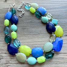 Load image into Gallery viewer, Mountain Spring Necklace, Navy and Lime Green 3 strand Necklace, statement beaded jewelry, green turquoise blue, neutral Oceanside